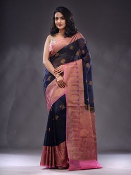 CHARUKRITI - Navy Blue Organza Handwoven Saree With Unstitched Blouse